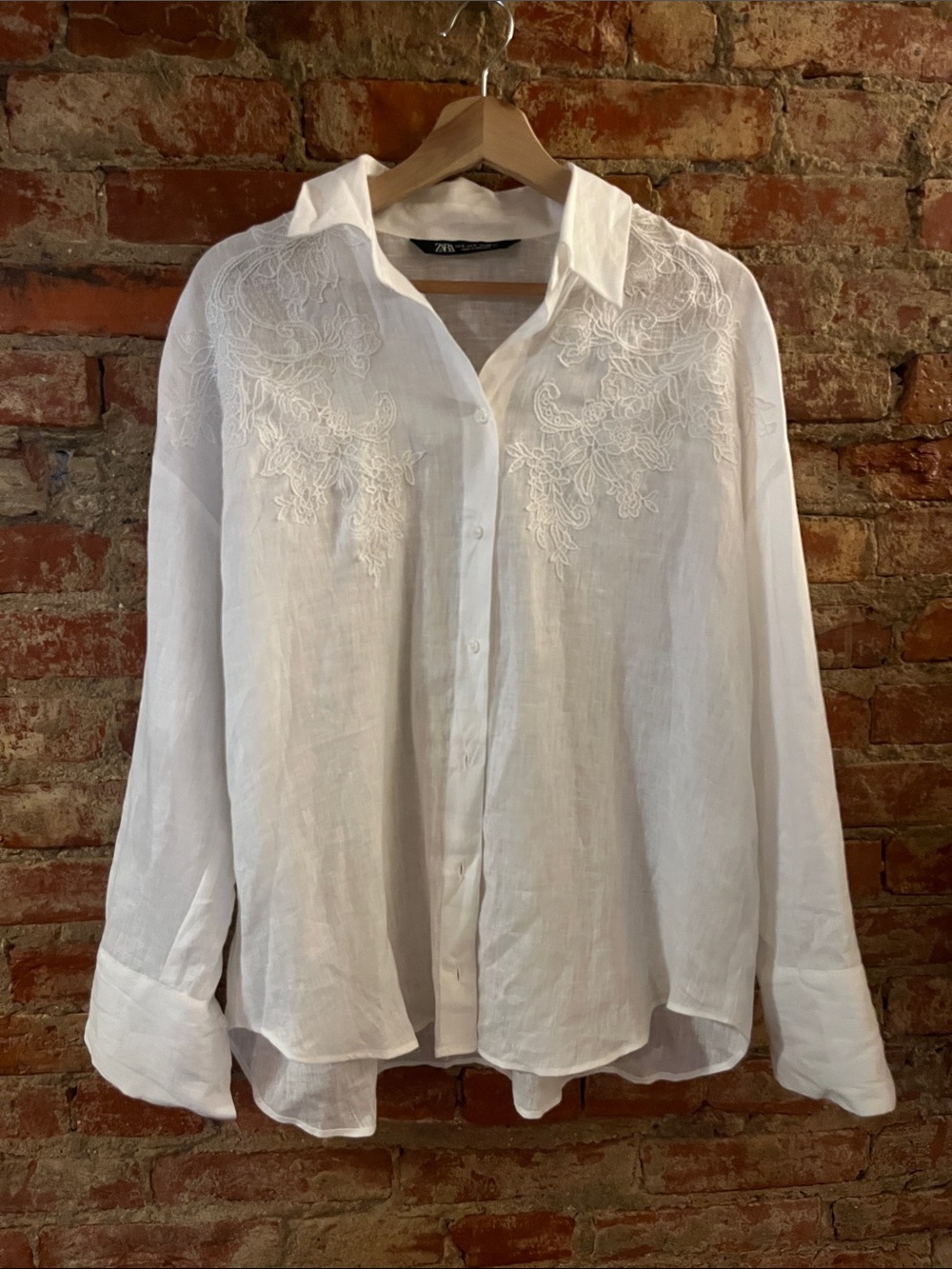 Zara White Embroidered Linen Button-Down Shirt